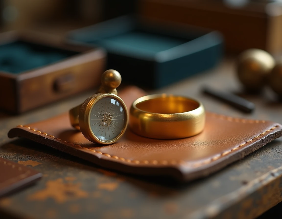 Bague en or avec poinçon étranger visible à la loupe sur établi de bijoutier artisanal