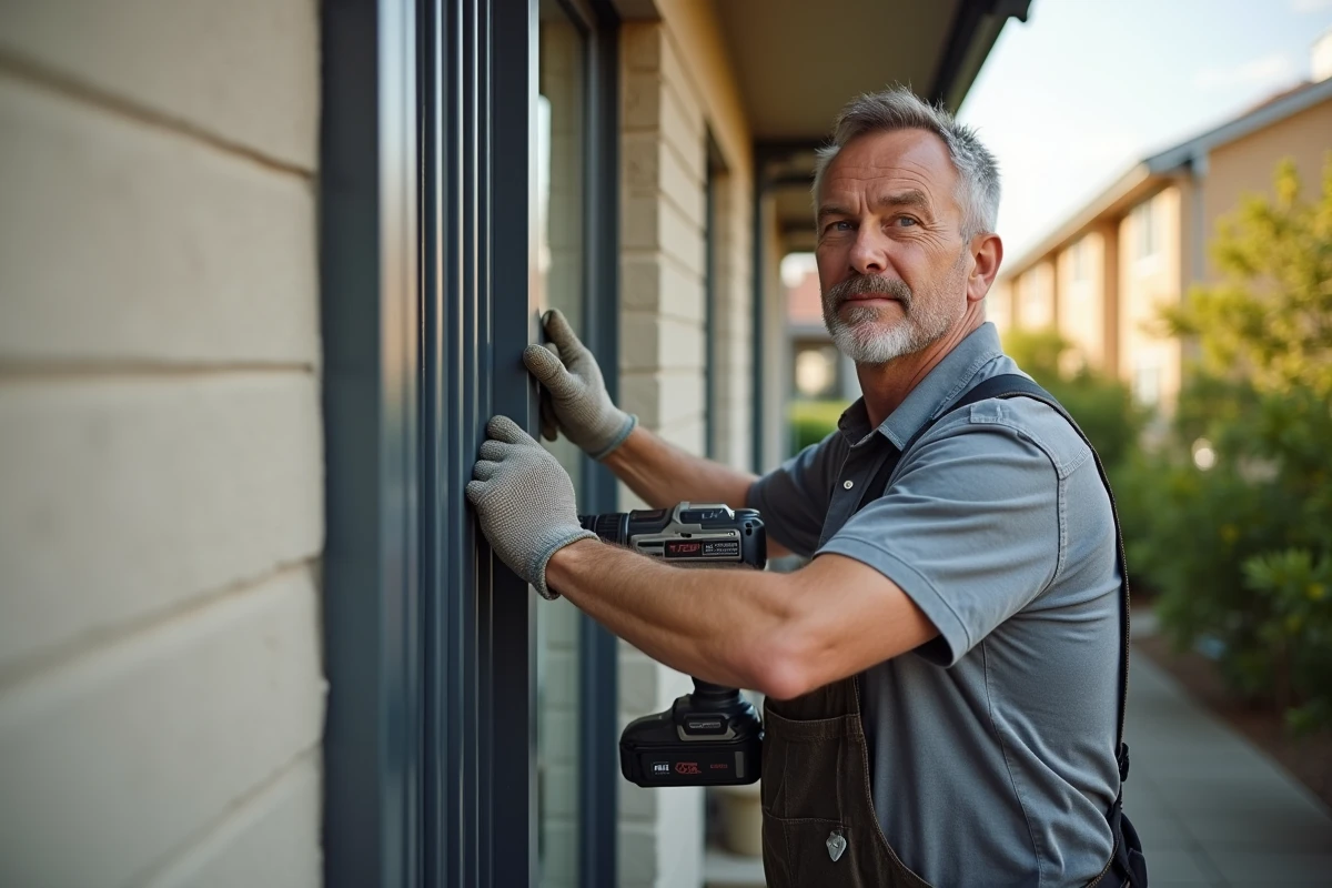 Artisan posant des barreaux en aluminium sur une façade de maison individuelle en zone pavillonnaire