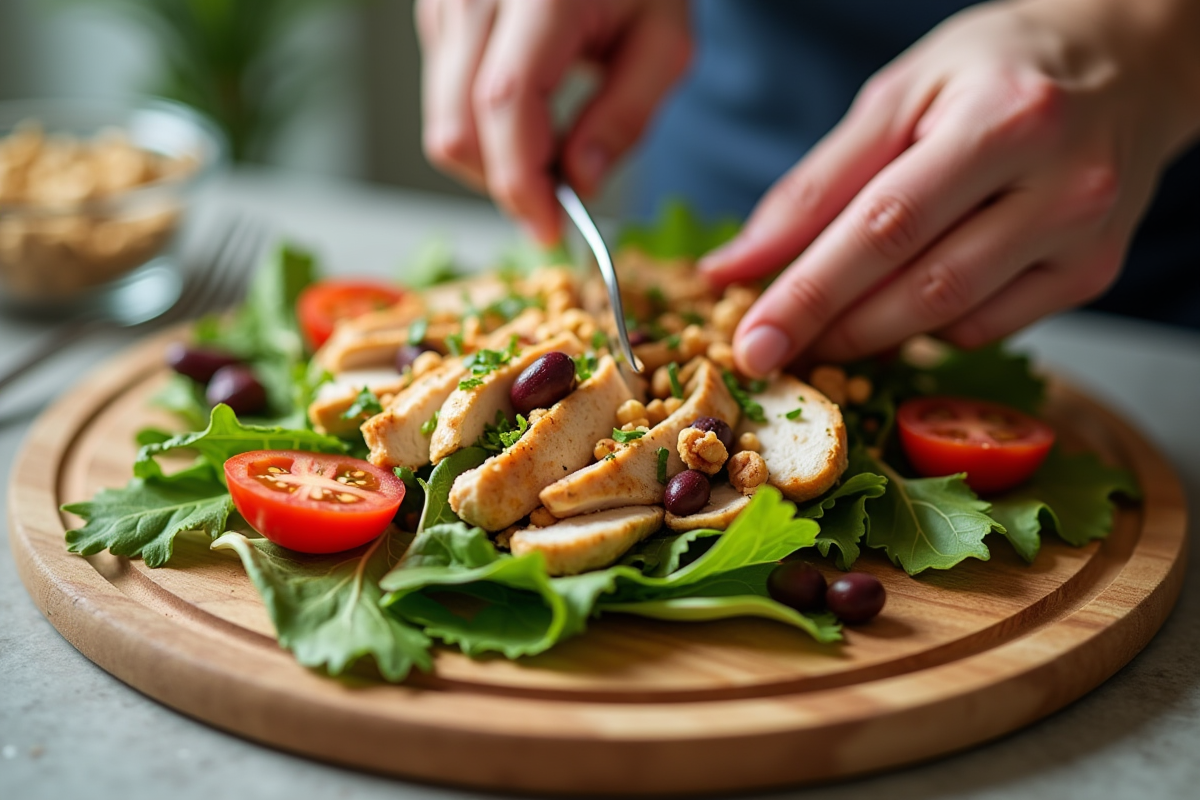 Mains préparant une salade colorée et saine avec poulet et légumes