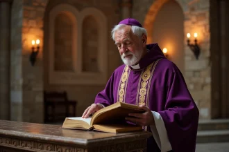 Prêtre catholique en vêtement liturgique violet feuilletant un calendrier liturgique devant un autel en pierre dans une église romane