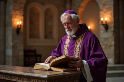 Prêtre catholique en vêtement liturgique violet feuilletant un calendrier liturgique devant un autel en pierre dans une église romane