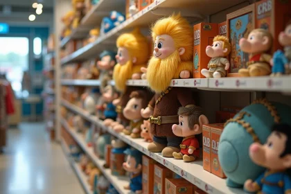 Rayon de produits dérivés Disney avec figurines et peluches du personnage Kristoff dans un magasin