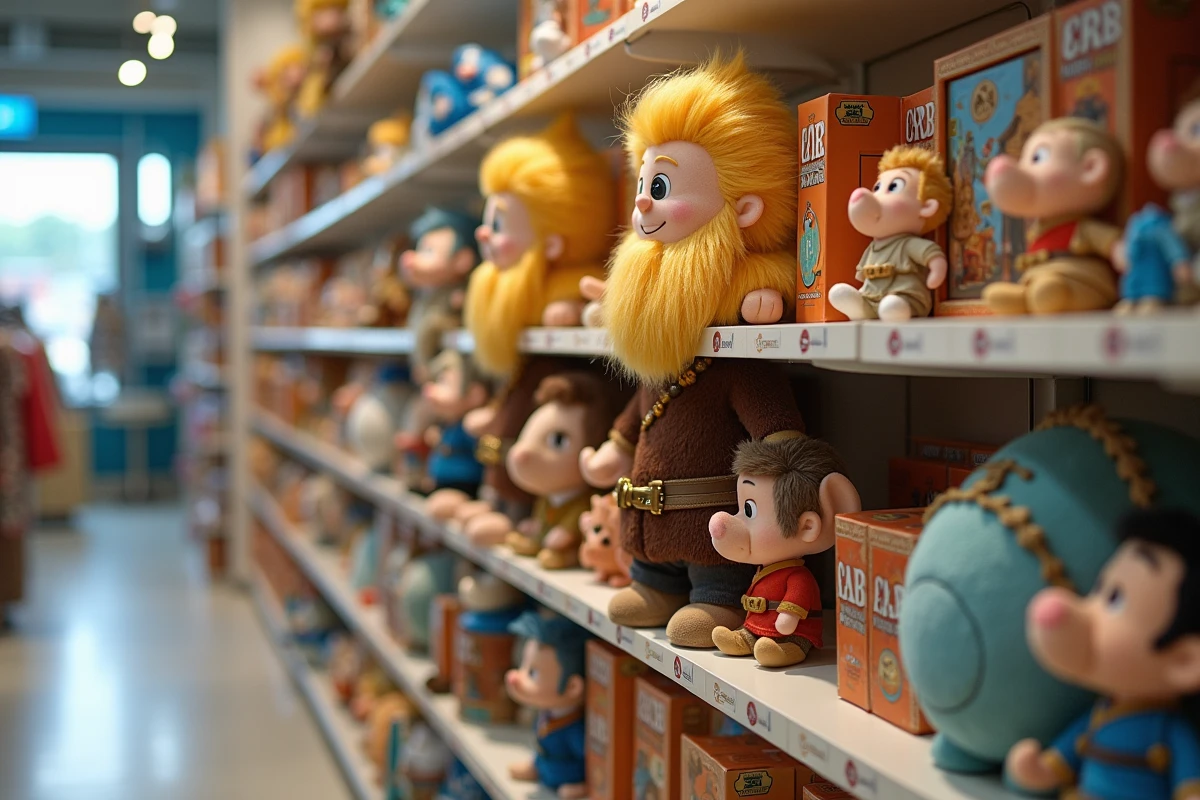 Rayon de produits dérivés Disney avec figurines et peluches du personnage Kristoff dans un magasin