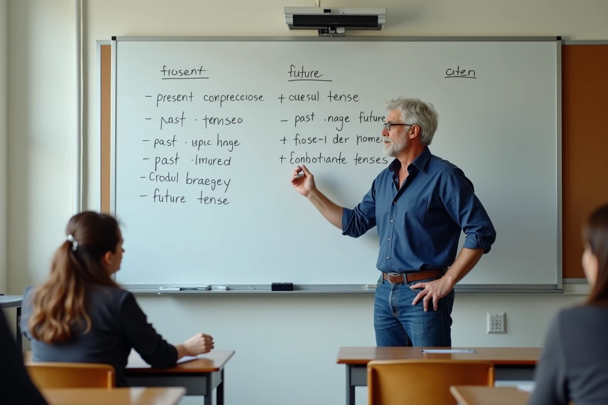 Professeur de français expliquant la conjugaison des verbes au tableau blanc dans une salle de classe universitaire