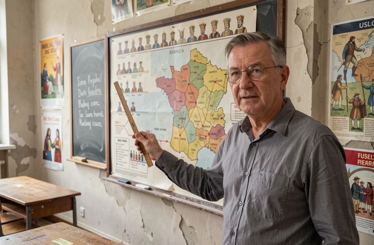 Professeur d'histoire pointant une frise chronologique des rois de France et une carte avec les batailles dans une salle de classe