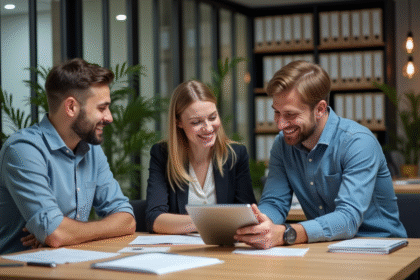 Trois jeunes professionnels en réunion dans un bureau moderne