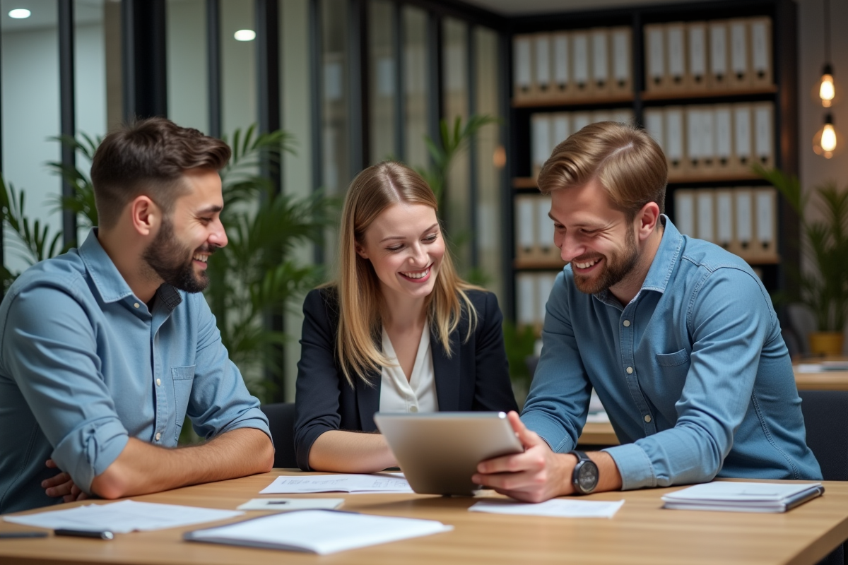 Trois jeunes professionnels en réunion dans un bureau moderne
