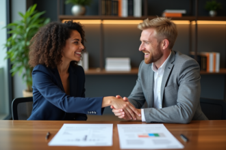 Deux professionnels se serrent la main dans un bureau moderne