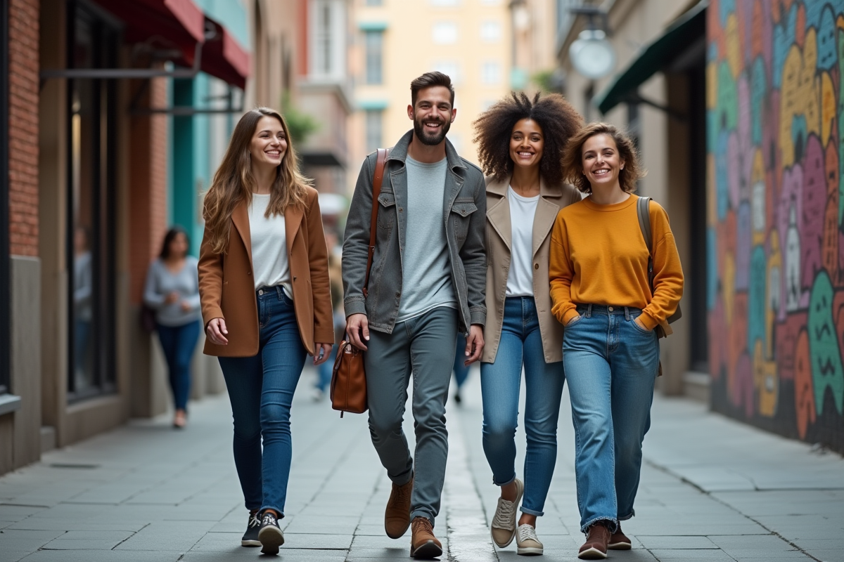 Groupe de quatre personnes souriantes dans la rue urbaine