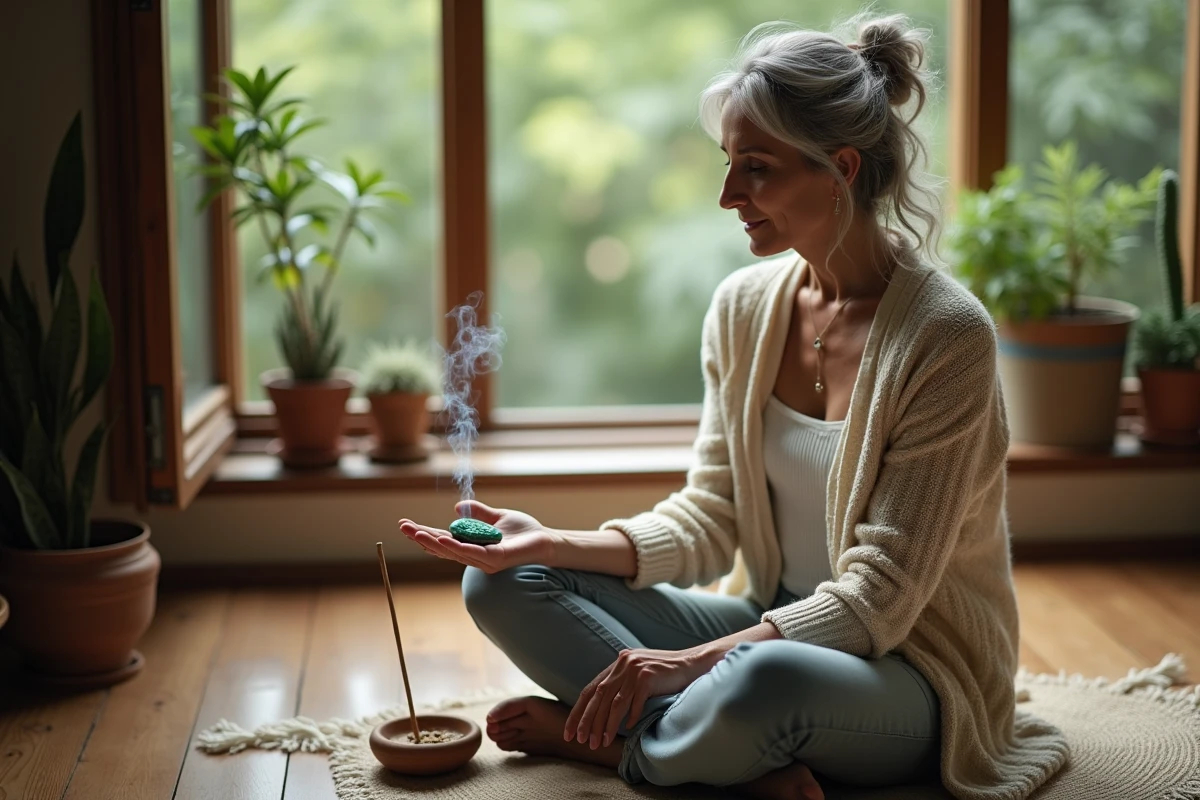 Femme âgée purifiant une pierre de malachite avec de la fumée de palo santo, méthode alternative sans eau ni sel pour minéraux fragiles