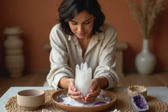 Femme tenant un cristal de sélénite fragile au-dessus d'un autel minimaliste avec sauge séchée et sel, méthode de purification sans eau