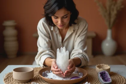 Femme tenant un cristal de sélénite fragile au-dessus d'un autel minimaliste avec sauge séchée et sel, méthode de purification sans eau