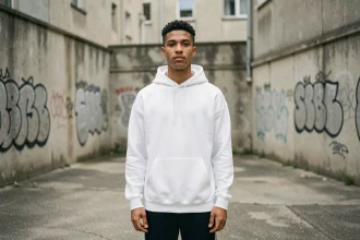 Jeune rappeur français en hoodie blanc dans une cité parisienne, évoquant l'univers du rap 95 et des groupes de banlieue