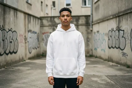 Jeune rappeur français en hoodie blanc dans une cité parisienne, évoquant l'univers du rap 95 et des groupes de banlieue