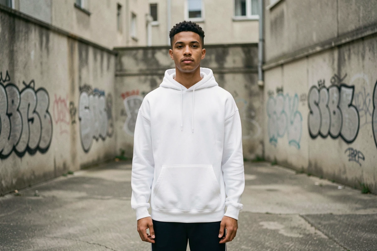 Jeune rappeur français en hoodie blanc dans une cité parisienne, évoquant l'univers du rap 95 et des groupes de banlieue