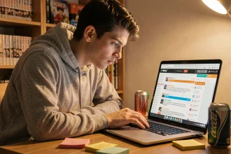 Jeune homme cherchant un drama culte sur un forum archive JVC depuis son bureau étudiant