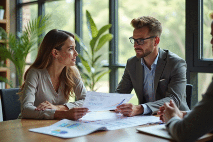 Couple professionnel rencontrant un conseiller financier dans un bureau lumineux