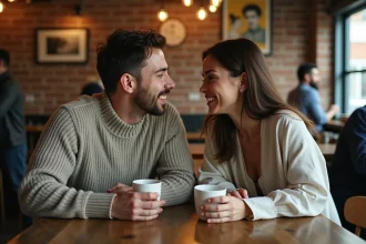 Homme et femme se regardant intensément dans un café, symbolisant une rencontre karmique en amour