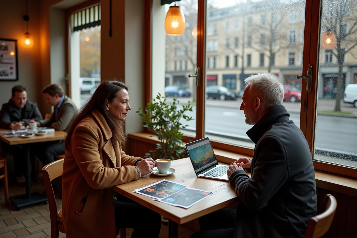 Couple réservant des billets pour l'exposition Van Gogh à Lyon dans un café au bord de la Saône