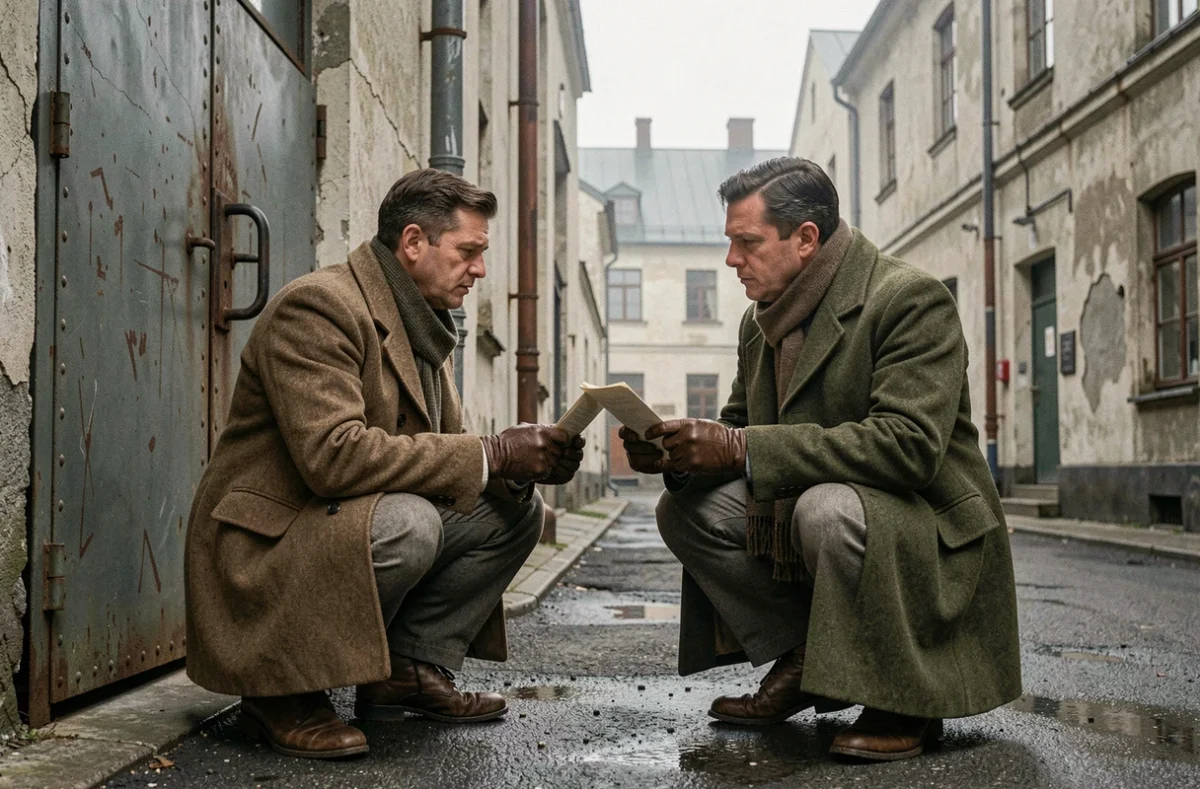 Deux hommes en tenues civiles des années 1940 échangeant des documents clandestins dans un entrepôt industriel norvégien, scène de résistance sous l'Occupation