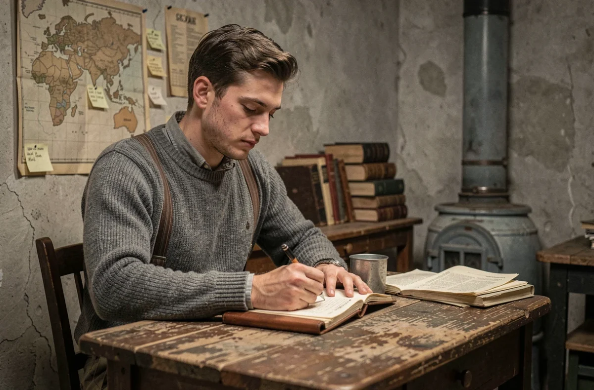 Jeune homme des années 1940 écrivant dans un carnet dans une planque clandestine norvégienne, atmosphère de résistance sous l'Occupation nazie