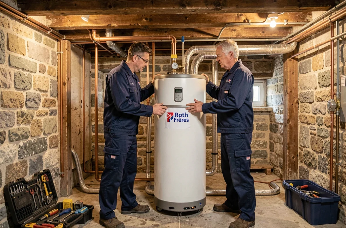 Deux techniciens Roth Frères installant un chauffe-eau dans la cave d'une maison alsacienne à Mulhouse