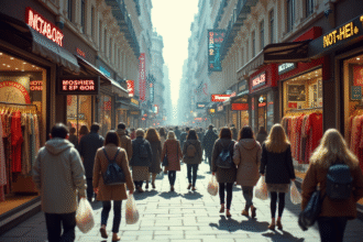 Rue animée en 2000 avec magasins de mode rapide