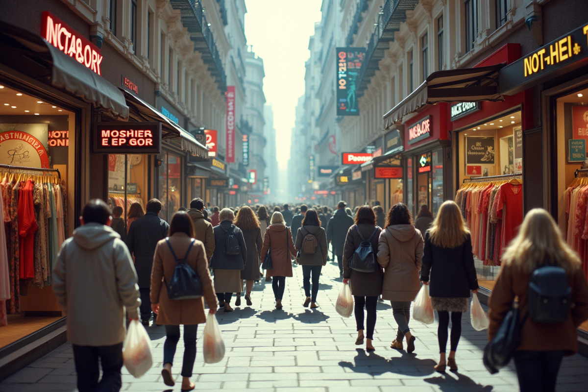 Rue animée en 2000 avec magasins de mode rapide