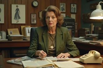 Femme d'âge mûr assise à un bureau vintage couvert de documents de l'industrie de la mode, évoquant la vraie Ruth Finley et son travail éditorial