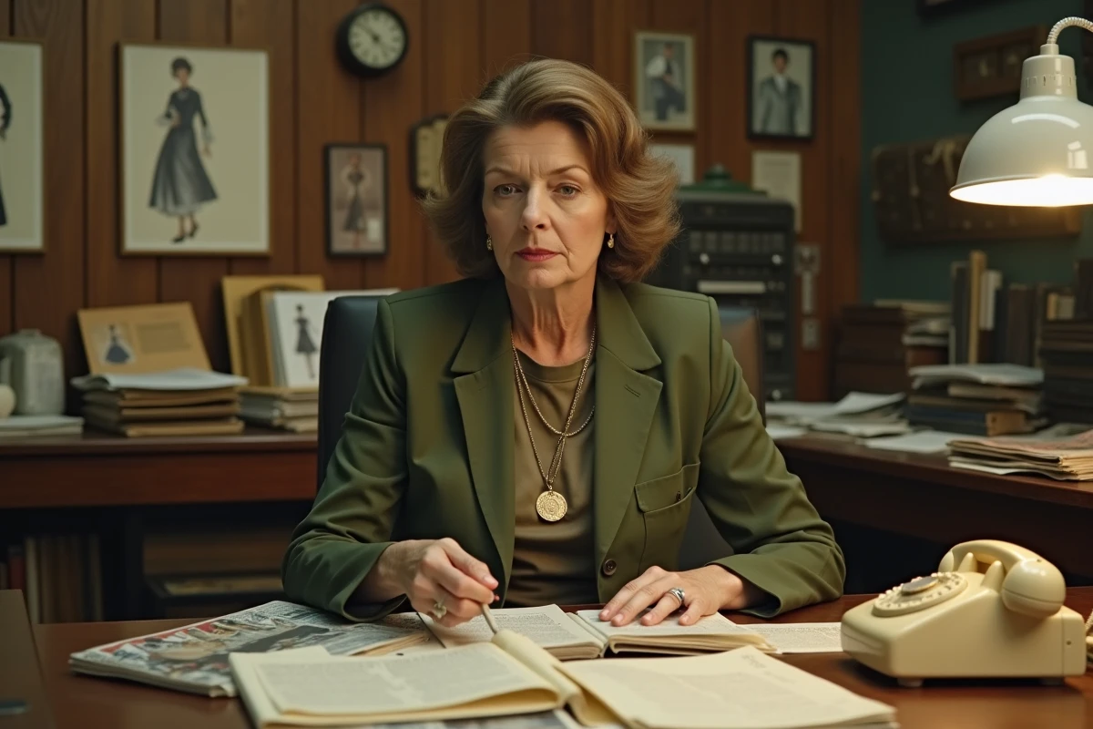 Femme d'âge mûr assise à un bureau vintage couvert de documents de l'industrie de la mode, évoquant la vraie Ruth Finley et son travail éditorial
