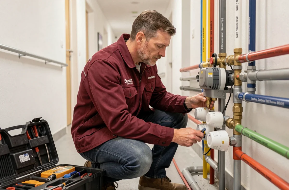 Spécialiste Sanisitt Comutherm réglant des vannes thermostatiques sur un collecteur de chauffage à Mulhouse