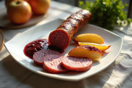 Saucisse gourmet tranchee sur assiette blanche avec pommes et purée