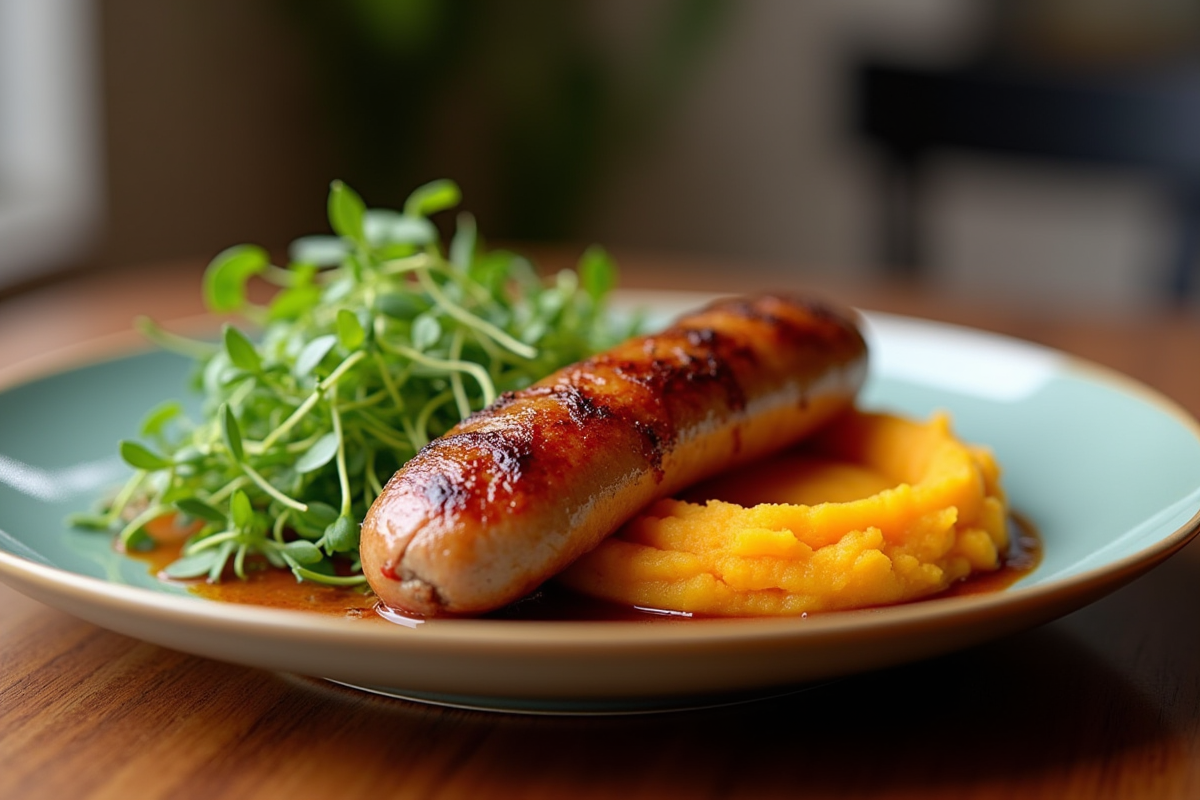 Saucisse grillee avec patates douces et microgreens sur table en bois