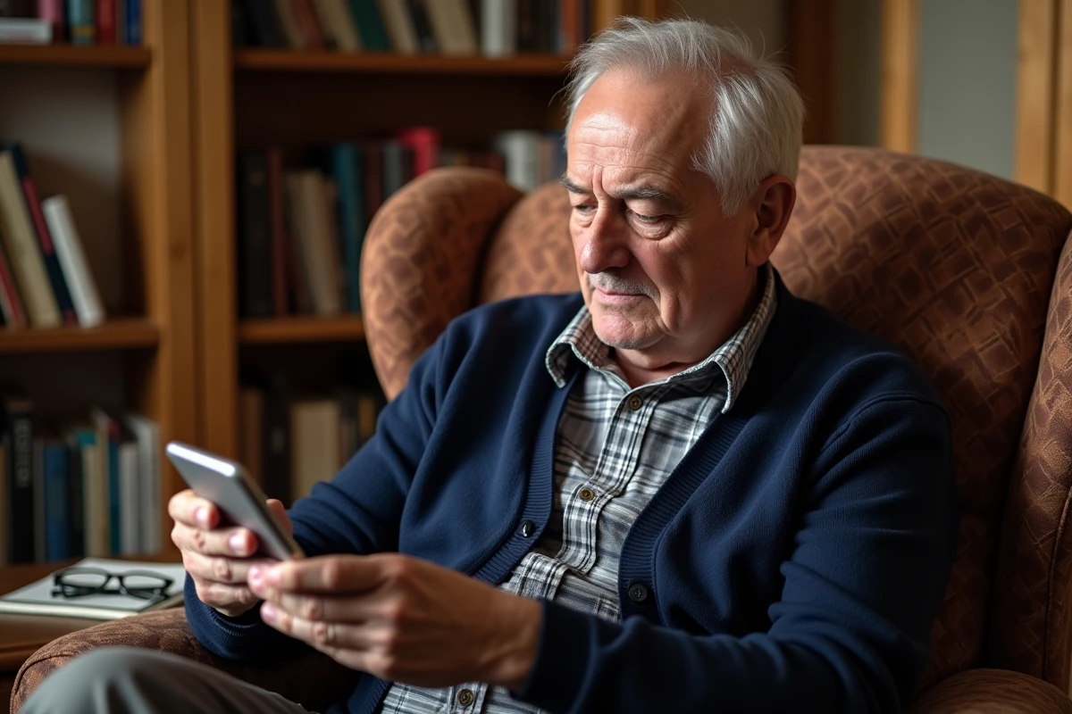 Senior confus consultant son téléphone avec plusieurs appels manqués affichant le numéro 02 70