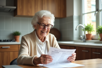 Femme senior lisant un document fiscal dans une cuisine lumineuse