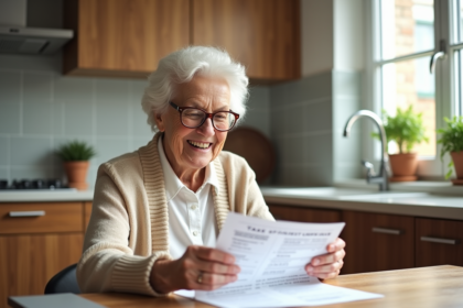 Femme senior lisant un document fiscal dans une cuisine lumineuse