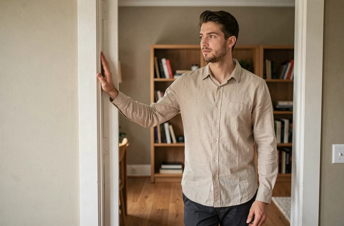 Homme grand posant près d'un cadre de porte dans un appartement moderne pour illustrer la taille de Hamza en centimètres