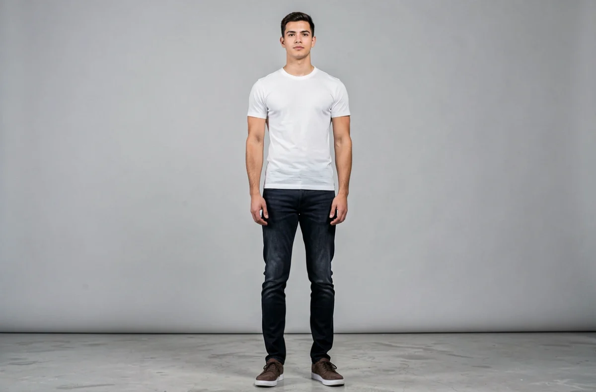 Homme grand en pied dans un studio minimaliste illustrant la fascination des fans pour la taille de Hamza en cm