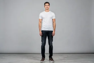 Homme grand en pied dans un studio minimaliste illustrant la fascination des fans pour la taille de Hamza en cm