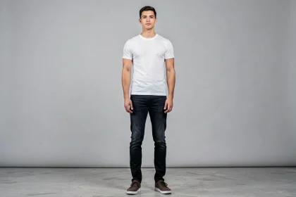 Homme grand en pied dans un studio minimaliste illustrant la fascination des fans pour la taille de Hamza en cm