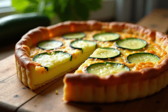 Tarte zucchini fraîche tranchée sur table en bois rustique