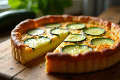 Tarte zucchini fraîche tranchée sur table en bois rustique