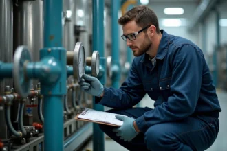 Technicien industriel vérifiant un manomètre dans une usine moderne