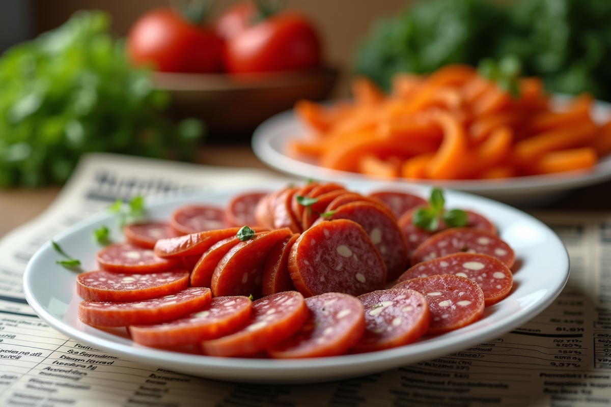Tranches de chorizo sur assiette avec légumes et fiche nutrition