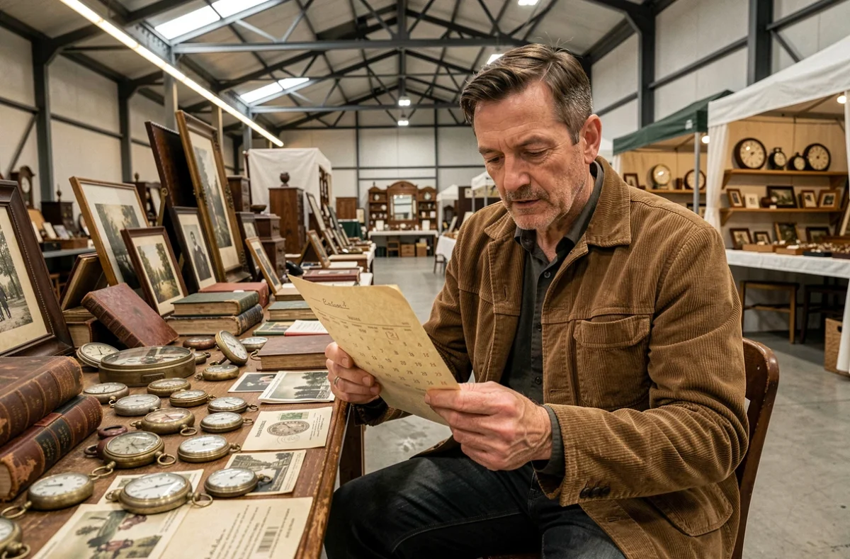 Exposant de brocante consultant un calendrier de marchés aux puces 2026 dans le département 62