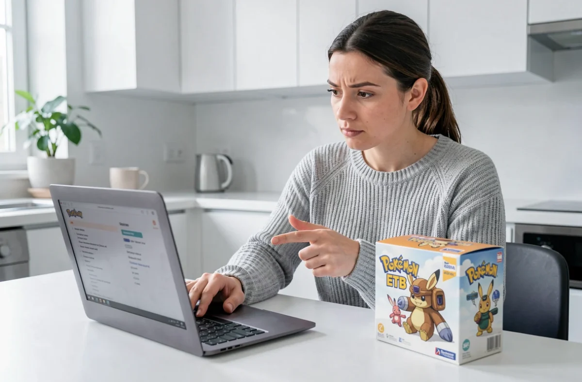 Femme comparant les détails d'un ETB Aventure Ensemble Pokémon sur son ordinateur portable avec l'emballage physique, illustrant un achat sécurisé de cartes Pokémon en ligne