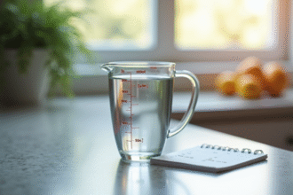 Verre mesureur d'eau sur plan de travail lumineux