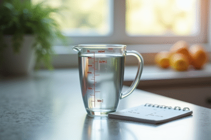 Verre mesureur d'eau sur plan de travail lumineux