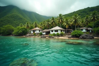 Village côtier traditionnel de Mayotte avec maisons mahoraises sur une colline dominant le lagon turquoise de l'océan Indien