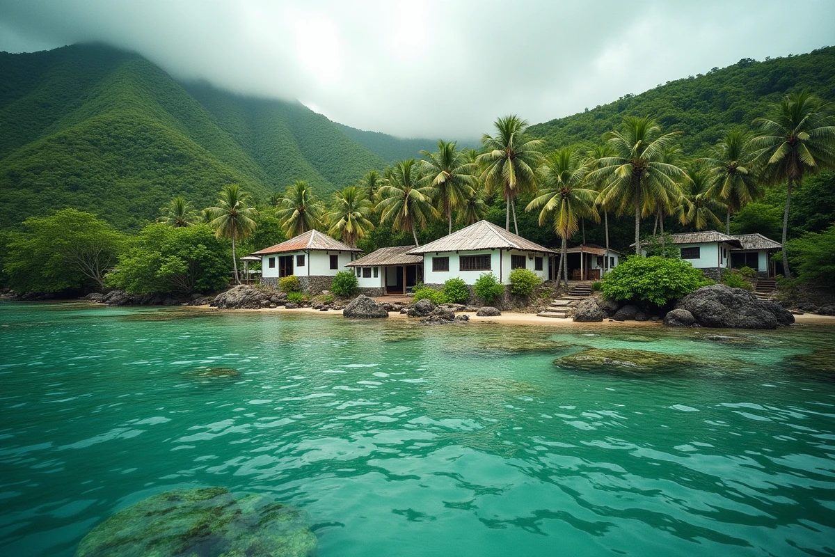 Village côtier traditionnel de Mayotte avec maisons mahoraises sur une colline dominant le lagon turquoise de l'océan Indien